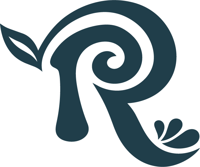 Monograma R de Roleta con espiral, hoja y pétalos
